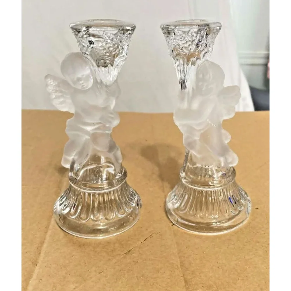 Cherub Candlestick Holders Set of 2 Clear Frosted Glass Angel‎ Decor